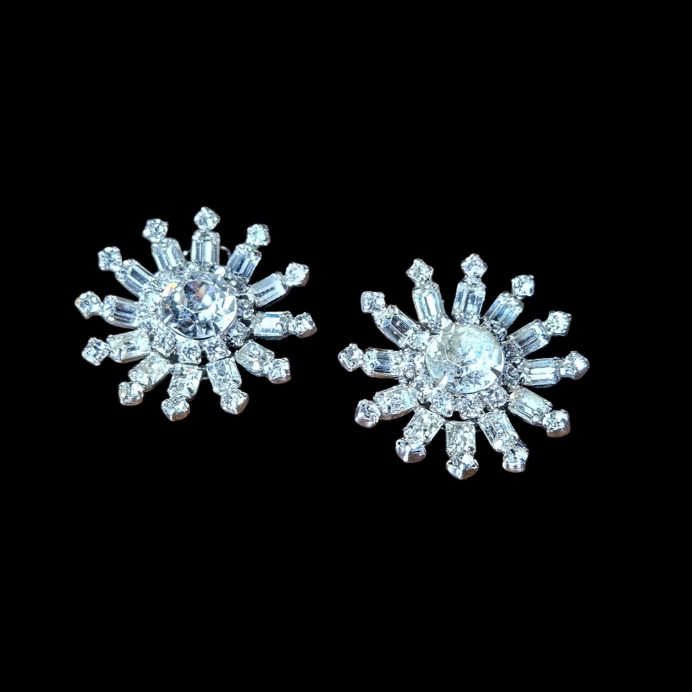 Elegant Silver Crystal Starburst Clip On Earrings. - Picture 2 of 6